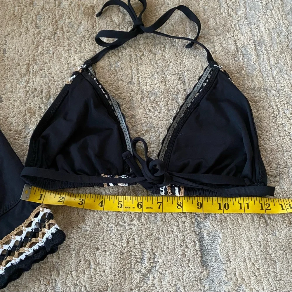 Becca Fiesta Bikini Set Matching 3 Piece Crochet Black Triangle Wireless Bra: L